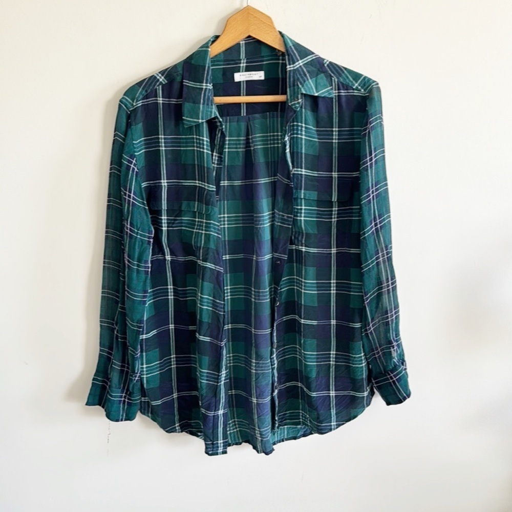 Equipment Silk Contrast Sleeve Prepster Plaid Blouse top green Pine Multi size S